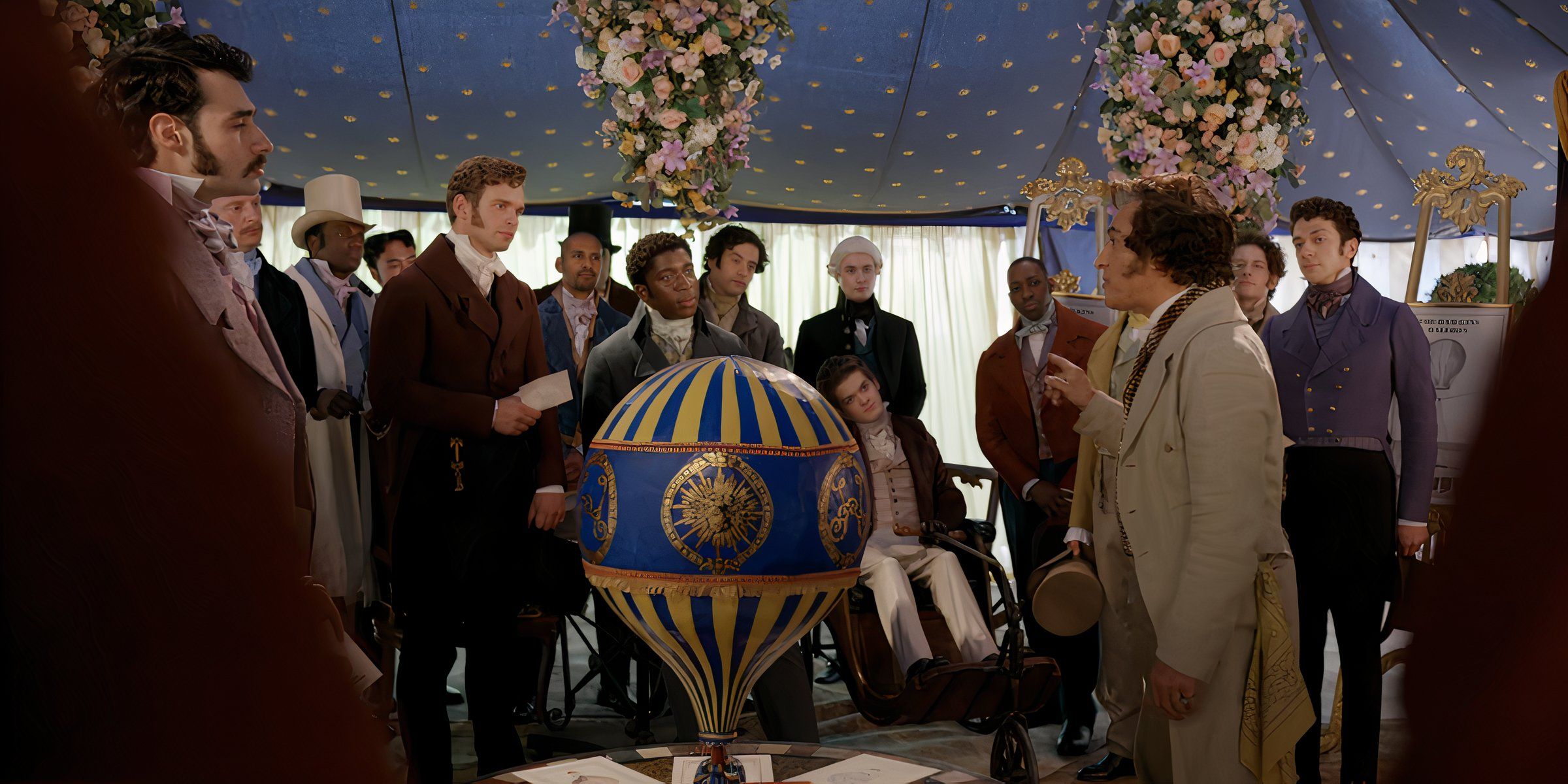 Lord Hawkins shows off his hot air balloon prototype in Bridgerton season 3