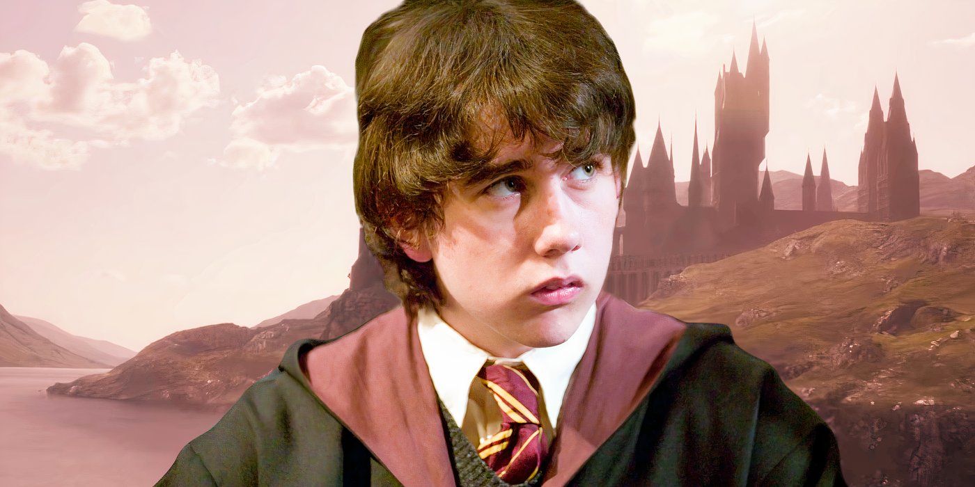 Matthew Lewis as Neville Longbottom against a background image of Hogwarts in Harry Potter custom image