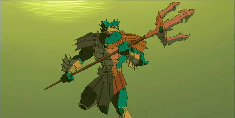 Mer-Man holding a trident in Masters of the Universe 2002