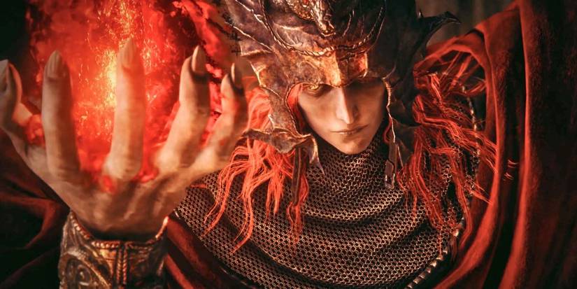 Messmer the Impaler holds out a hand with a ball of fire while looking into the camera.