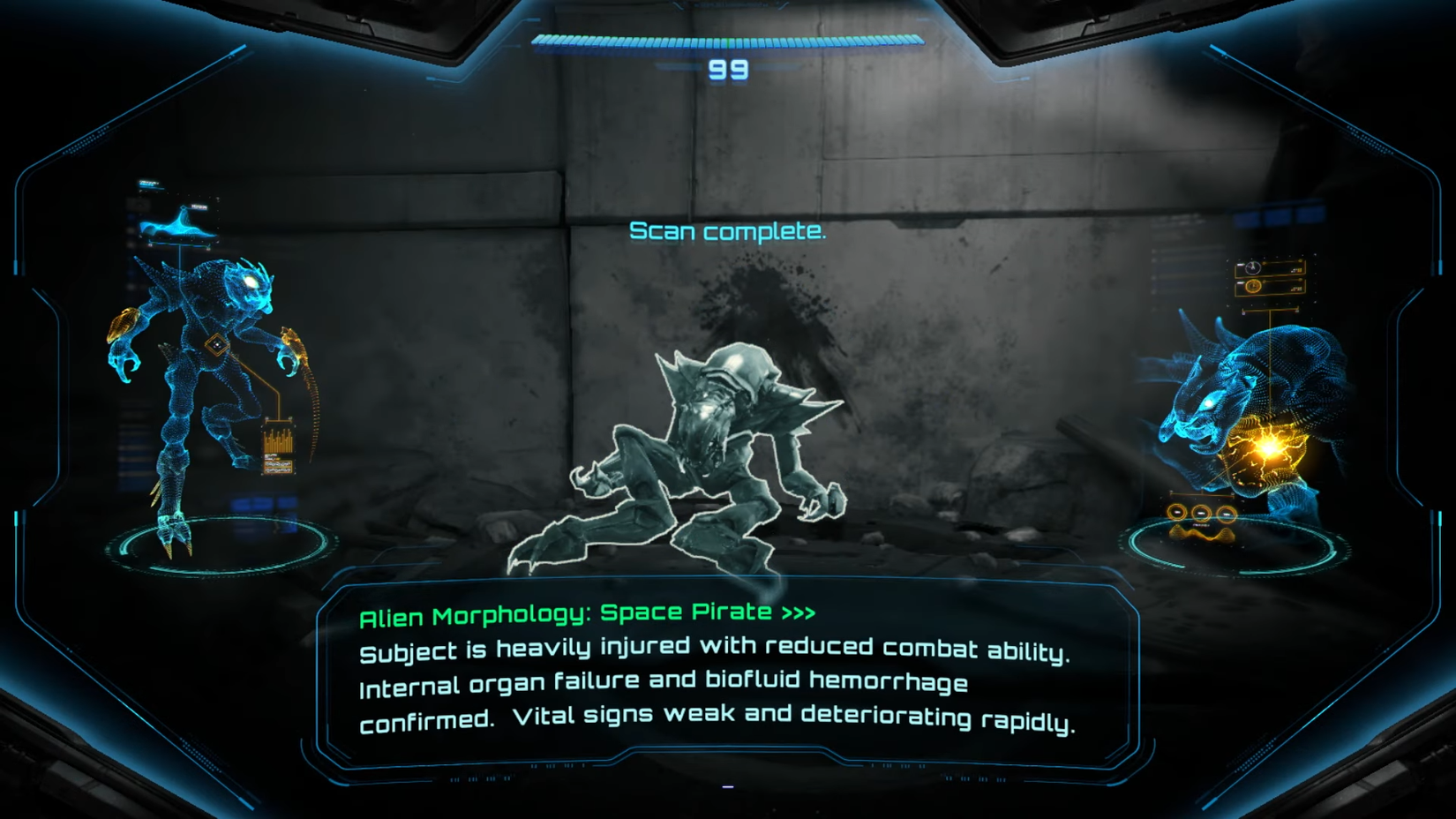 First-person screenshot of Samus using her scanner in Metroid Prime 4. A dead Space Pirate's morphology is being studied.