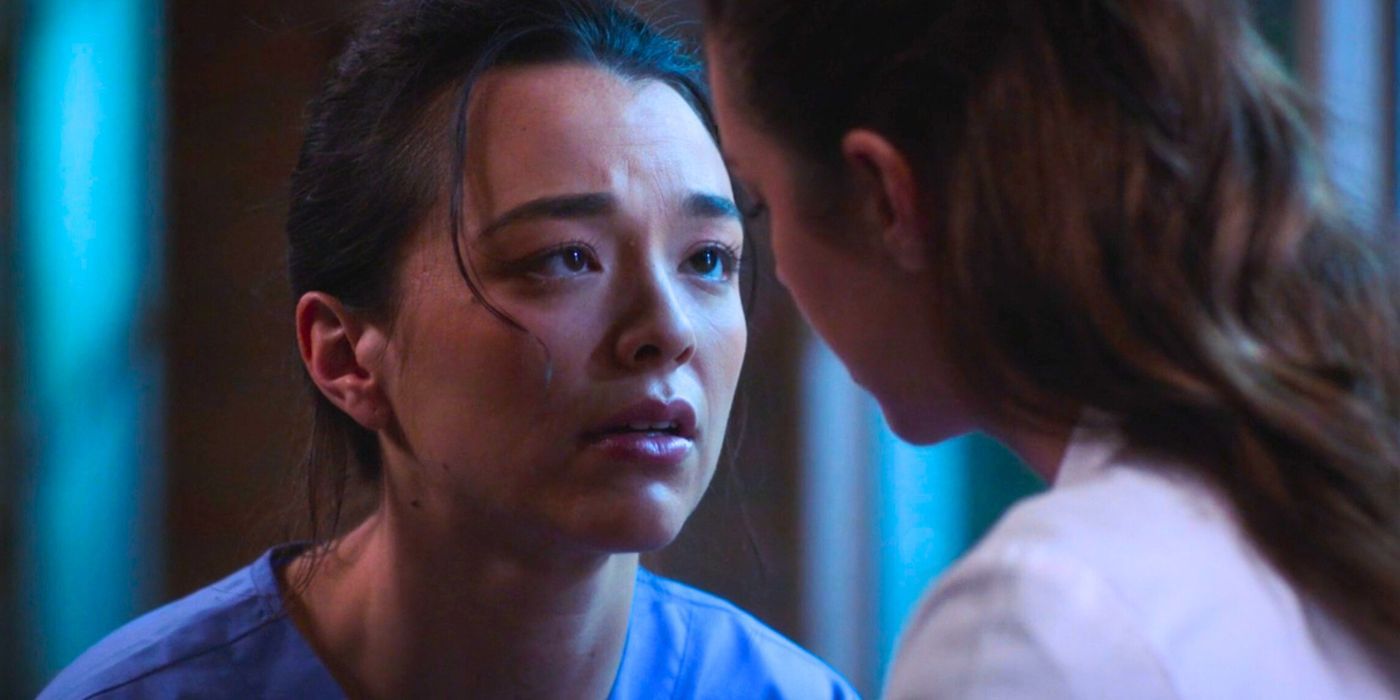 Mika Yasuda looks upset after learning from Jules that their patient died in the Grey's Anatomy season 20 finale