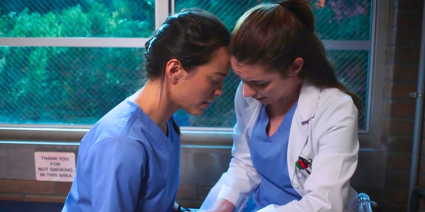 Mika Yasuda shares a moment with Jules Millin in the Grey's Anatomy season 20 finale