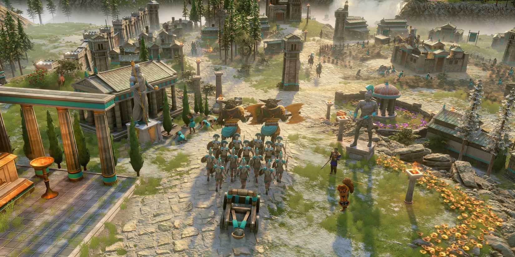 Minotaurs, Greek infantry, and a trebuchet march into a Greek city in a screenshot from Age of Mythology Retold.