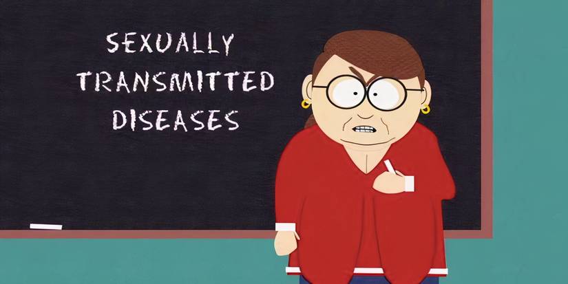 Ms Choksondik angry in front of a chalkboard that says "Sexually transmitted diseases" in South Park