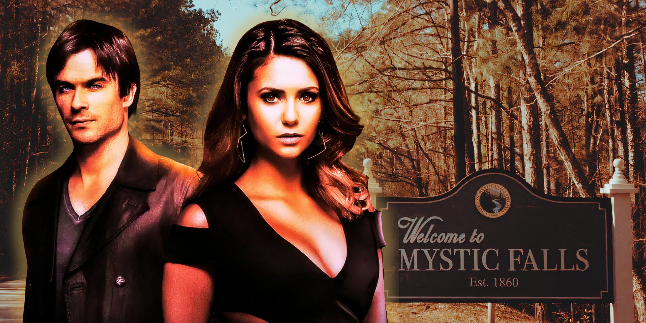 Vampire Diaries characters Damon and Elena next to the Mystic Falls sign