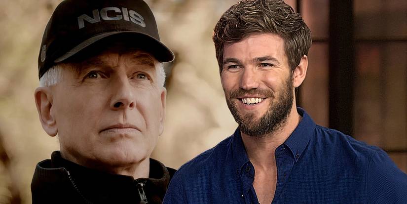 A composite image of Austin Stowell smiling in an interview with Gibbs looking on stoically in NCIS
