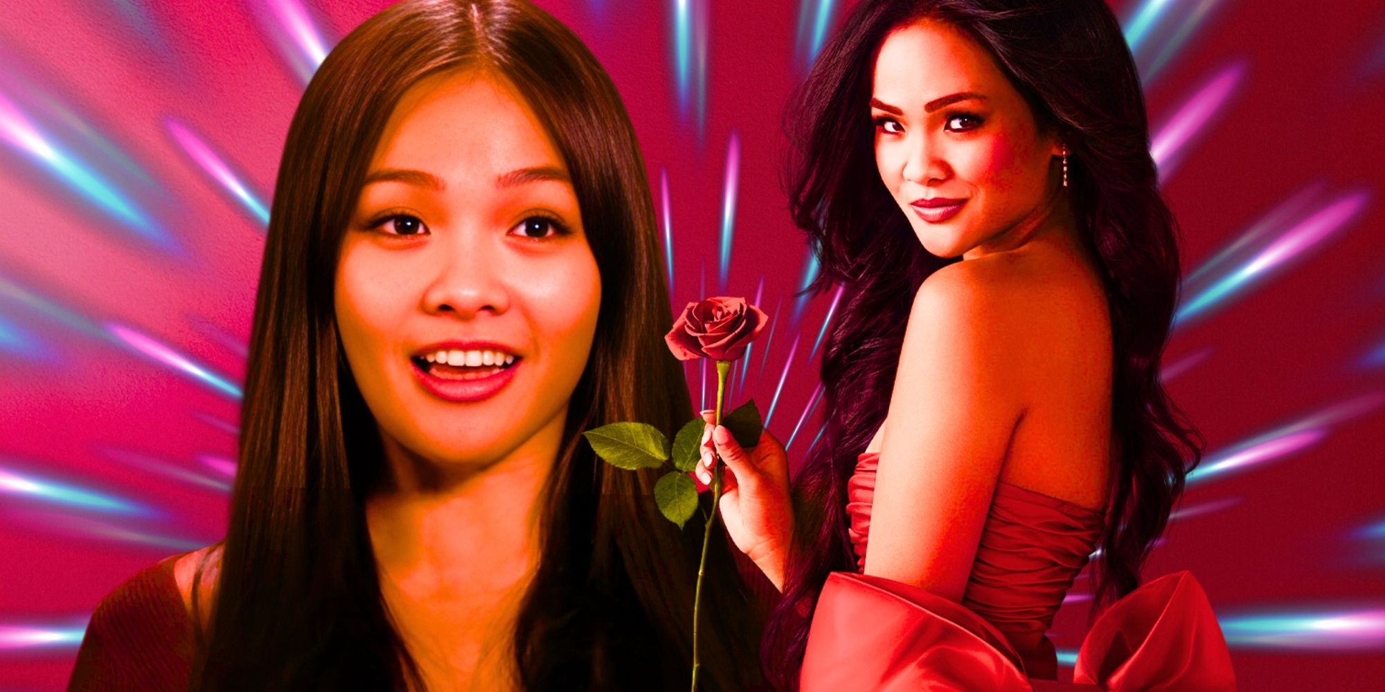 The Bachelorette's Jenn Tran looks slightly surprised and holds a rose in a montage image.