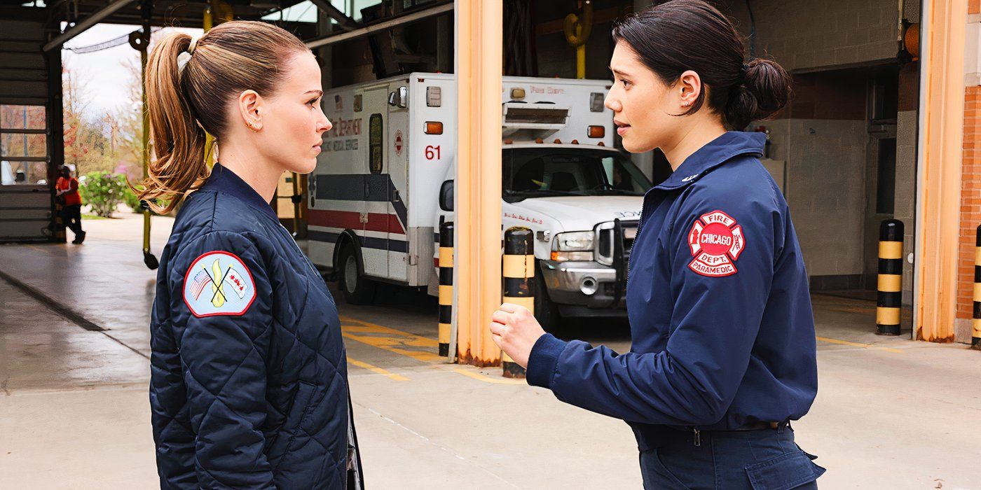 Novak and Violet talking to each other at a building in Chicago Fire