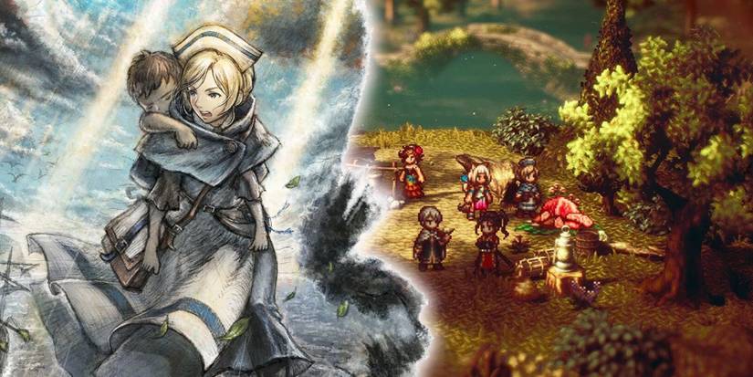 Two scenes from Octopath Traveller 2, one depicting a party camping in a forest and the other a woman rescuing a young boy