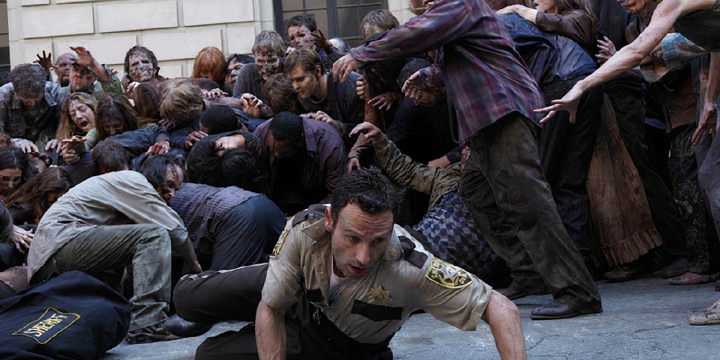 Andrew Lincoln as Rick Grimes escaping zombies in The Walking Dead, Days Gone Bye