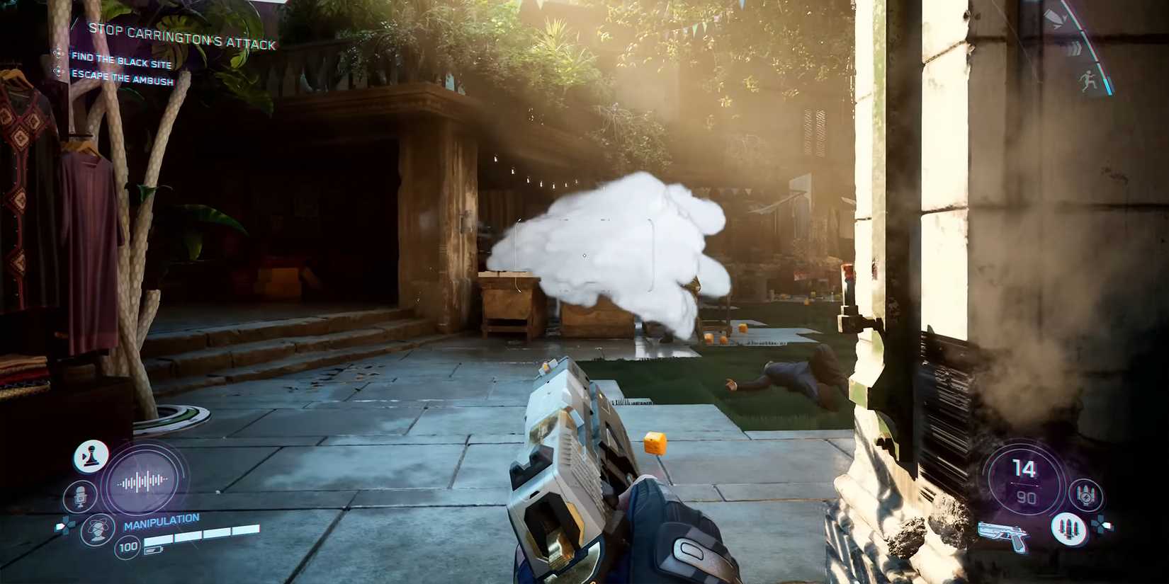 Firing at equipment to create an impromptu smoke grenade in Perfect Dark.