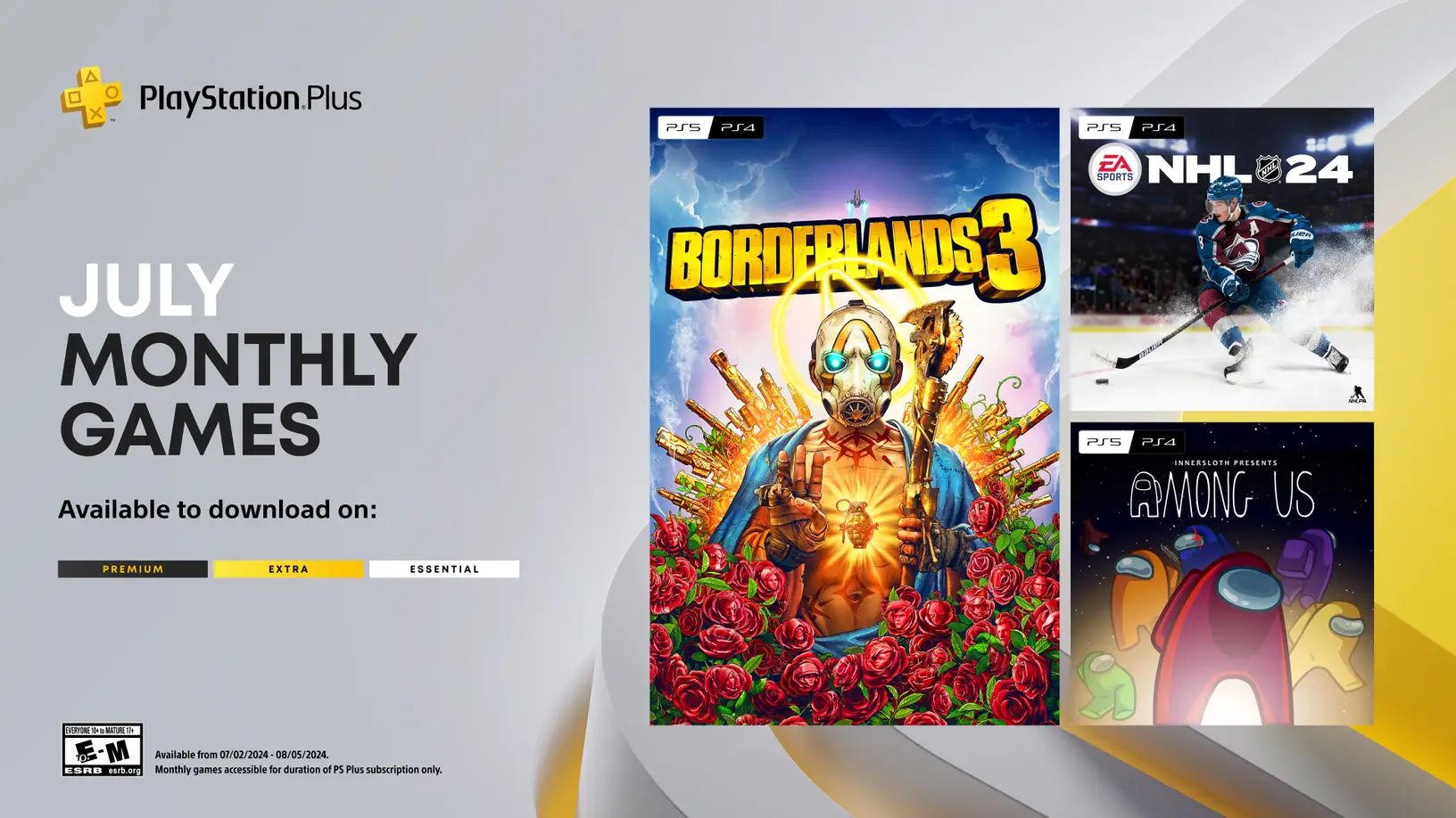 Jogos mensais do PlayStation Plus para julho de 2024, que consistem em Borderlands 3, NHL 24 e Among Us, todos no PS4 e PS5