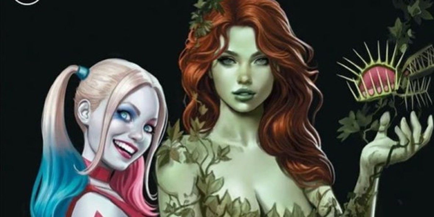 Harley Quinn, smiling, stands next to Poison Ivy, looking forward as the botanical villainess holds a venus flytrap in her hand.