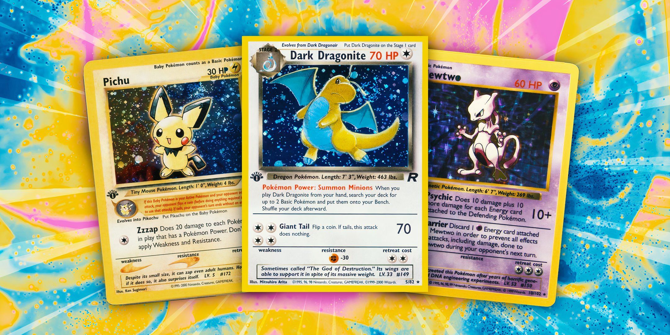 Pokémon Cards of Pichu, Dark Dragonite, and Mewtwo