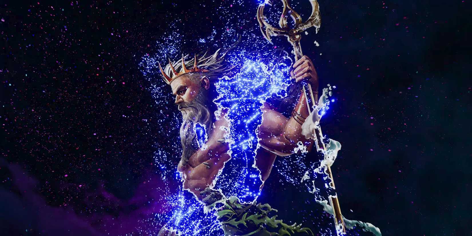 Poseidon is portrayed as a bearded man with a crown and a trident in art from Age of Mythology Retold.