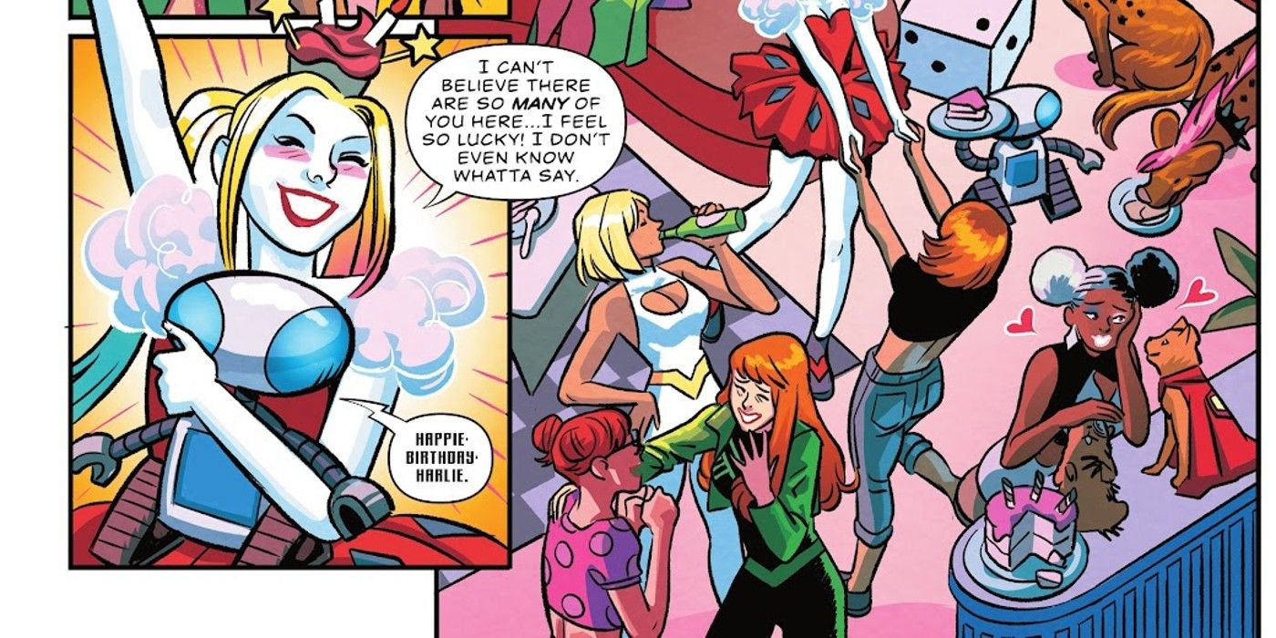 Power Girl, Streaky, Omen e outros amigos na festa de aniversário de Harley Quinn.