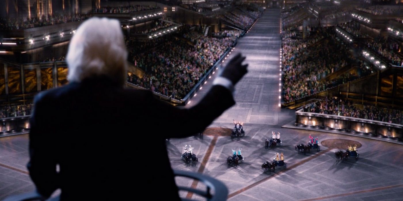 President Snow addressing tributes at parade in Hunger Games