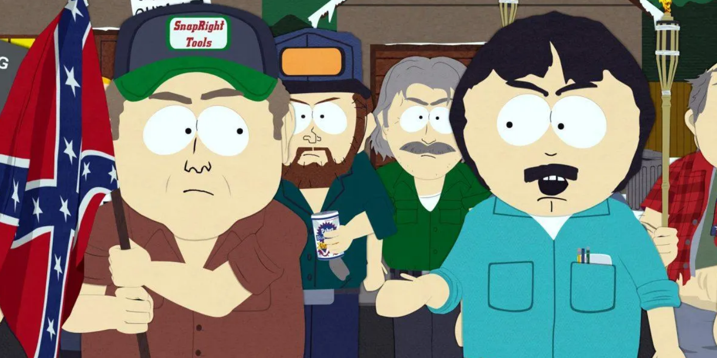 Randy and a guy holding a cofederate flag in People Renovation house South Park