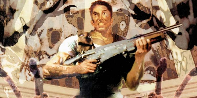 The cover art for the original Resident Evil featuring Chris Redfield with a shotgun grimacing at a range of enemies