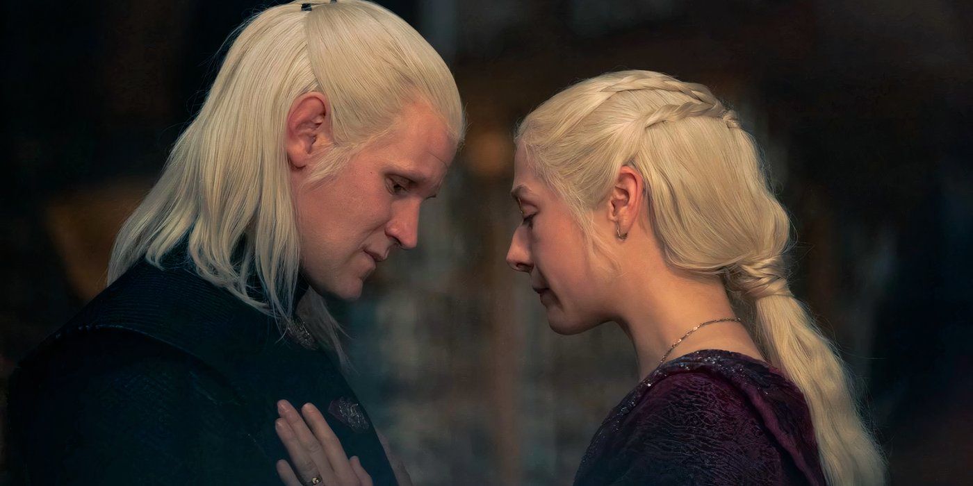 Rhaenyra Targaryen touching Daemon's chest in House of the Dragon season 2 episode 2