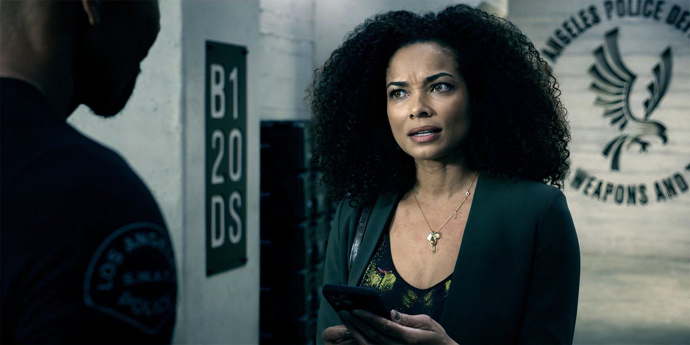 Rochelle Aytes as Nichelle in a scene from SWAT as she talks to Hondo