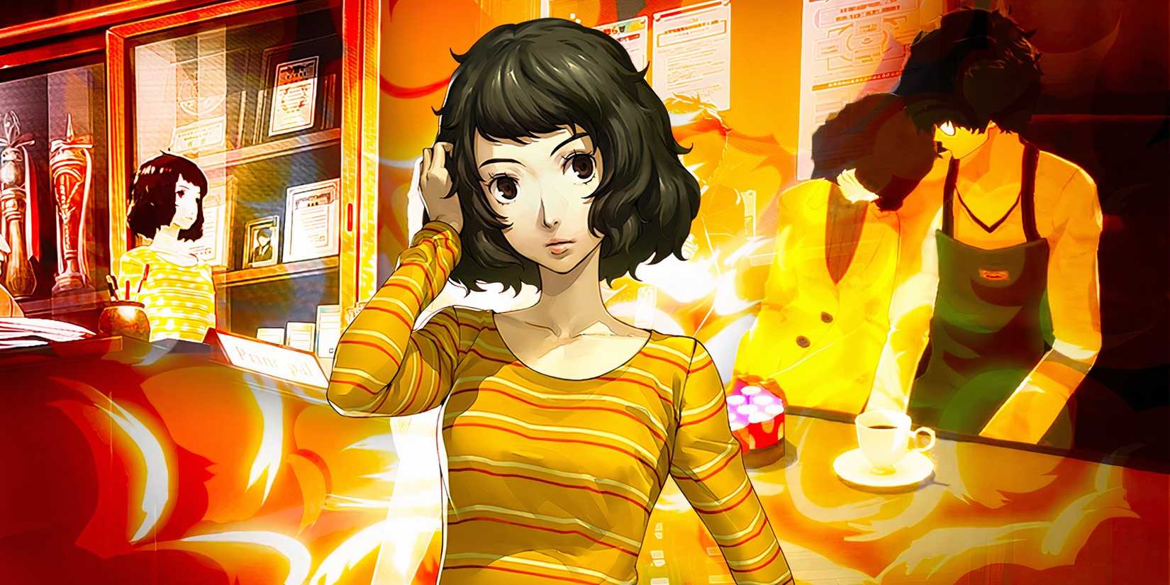 Sadayo Kawakami from Persona 5 Royal hanging out with Joker in the background.