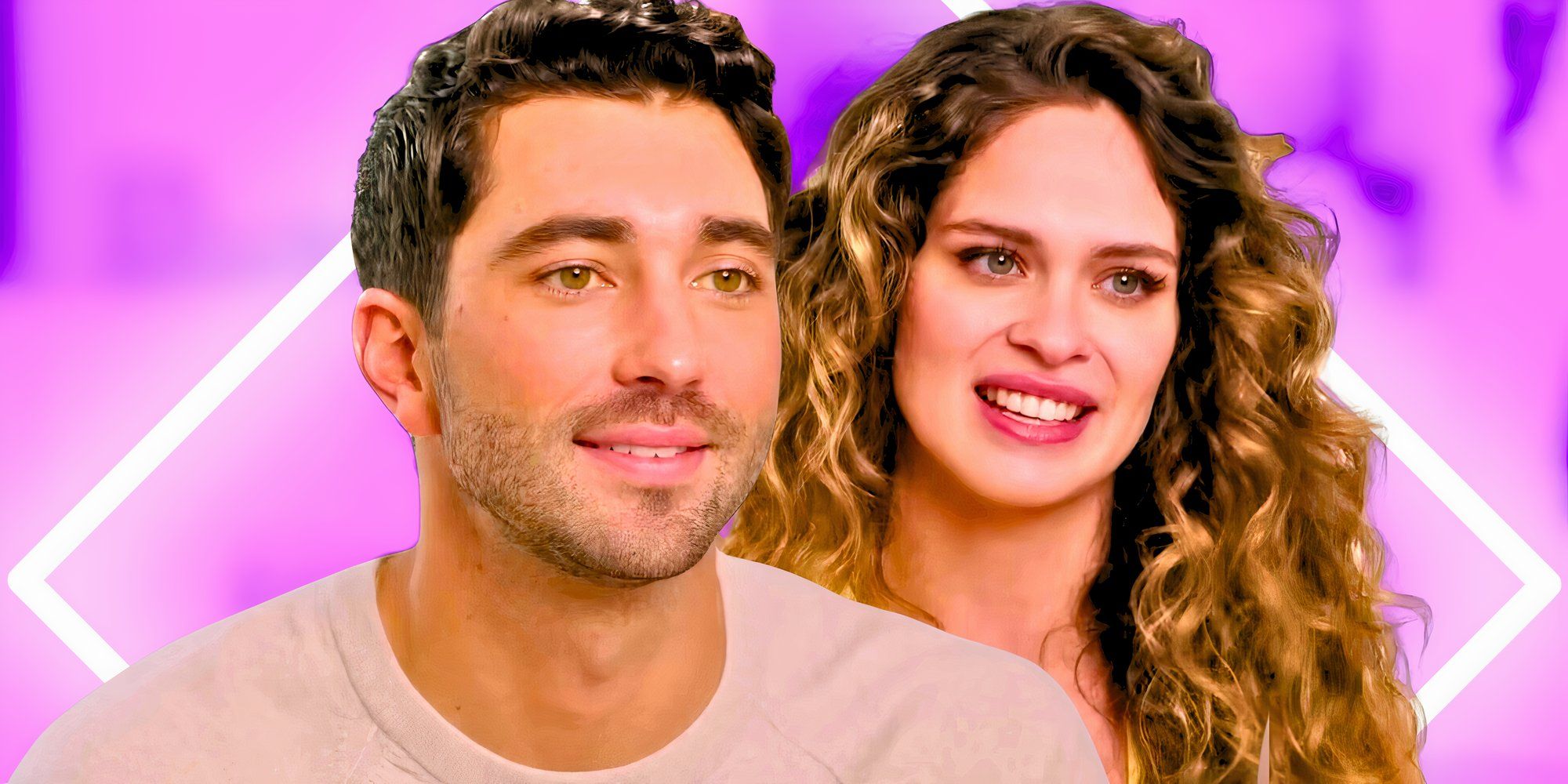 The Bachelor's Joey Graziadei and Kelsey Anderson look slightly uncomfortable in front of a purple background.