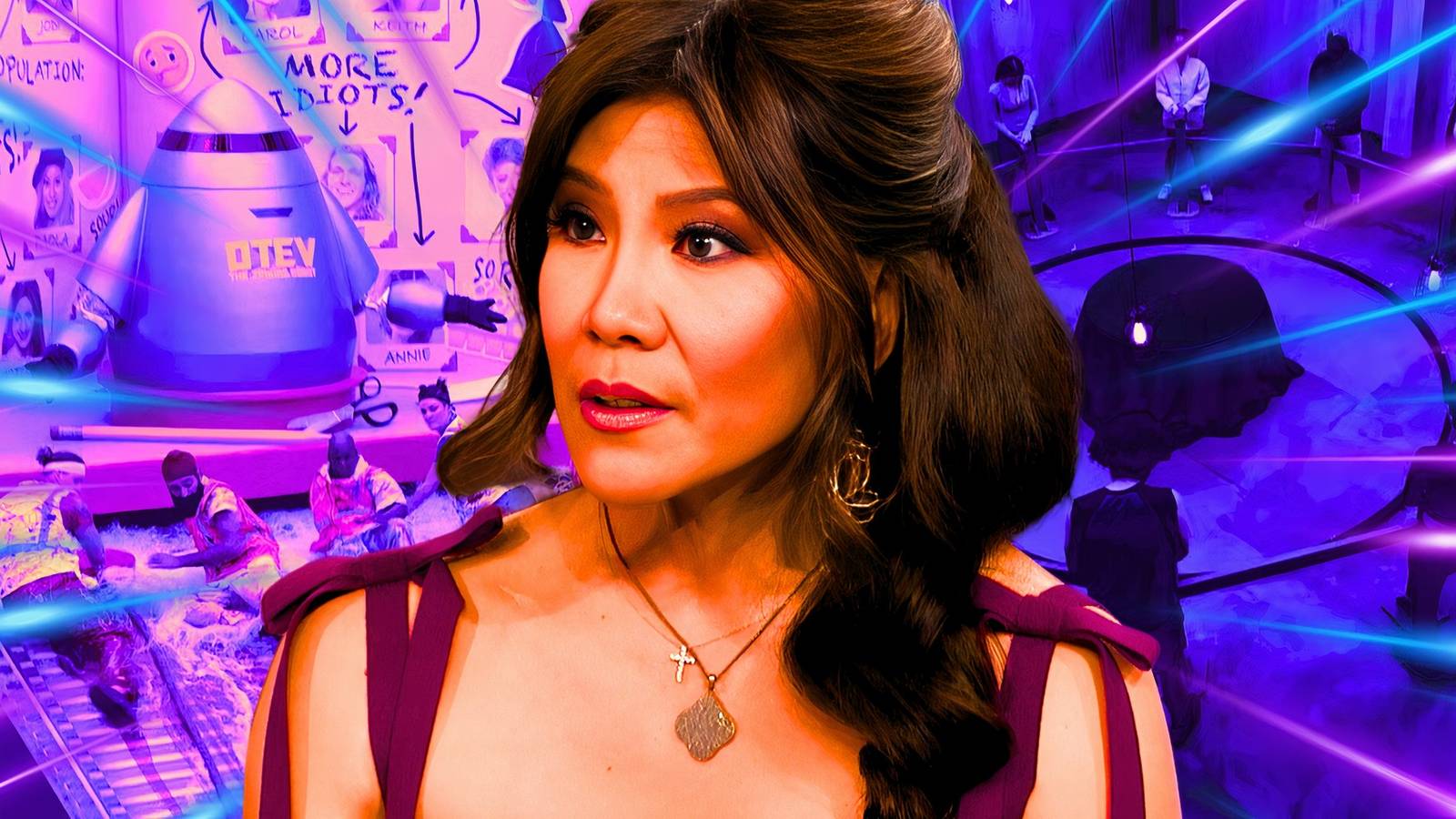 Big Brother's Julie Chen looks surprised in front of images from the BB house.