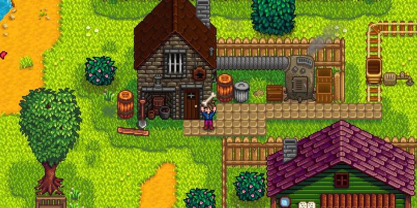Der Stardew Valley-Bauer hält einen Knochen vor Clints Haus hoch