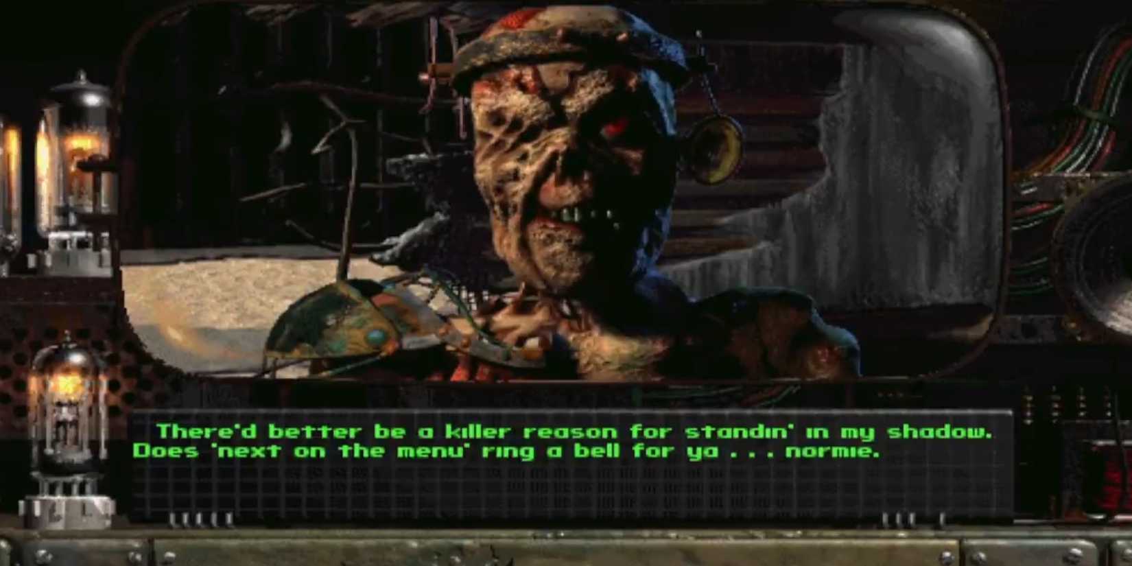 A talking head of the ghoul Set from Fallout 1.