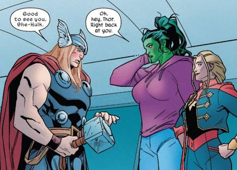 She-Hulk awkwardly runs into her ex Thor in front of Captain Marvel