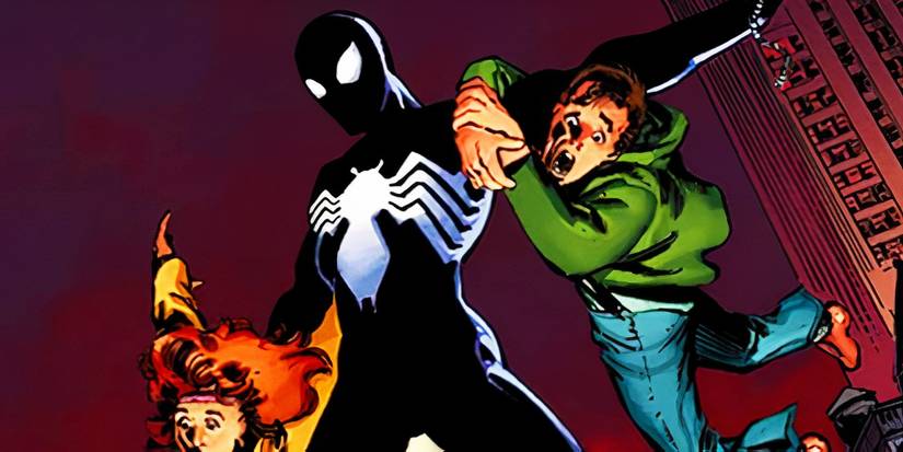 Spider-Man in his Venom costume saving people in Marvel Comics' Alien Costume Saga