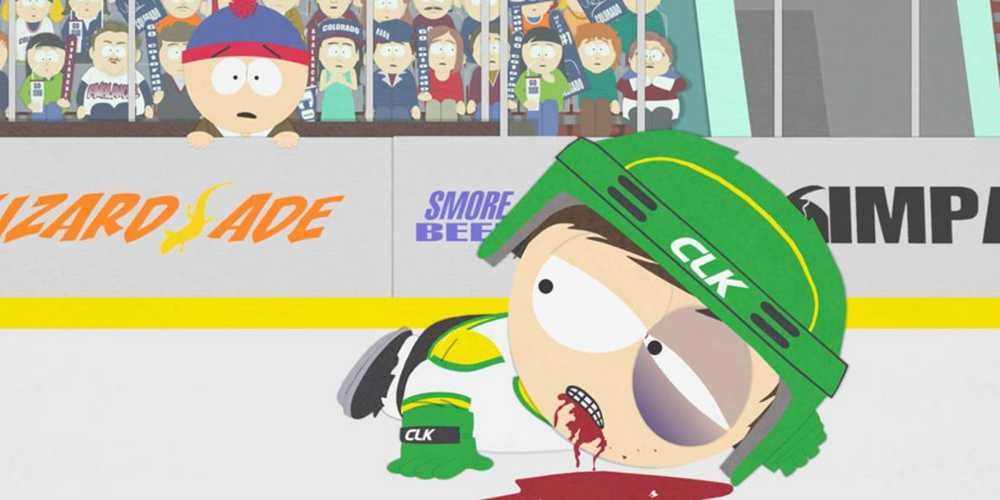 Stan cheers for his brother who lies beaten in the floor in South Park Stanley's Cup