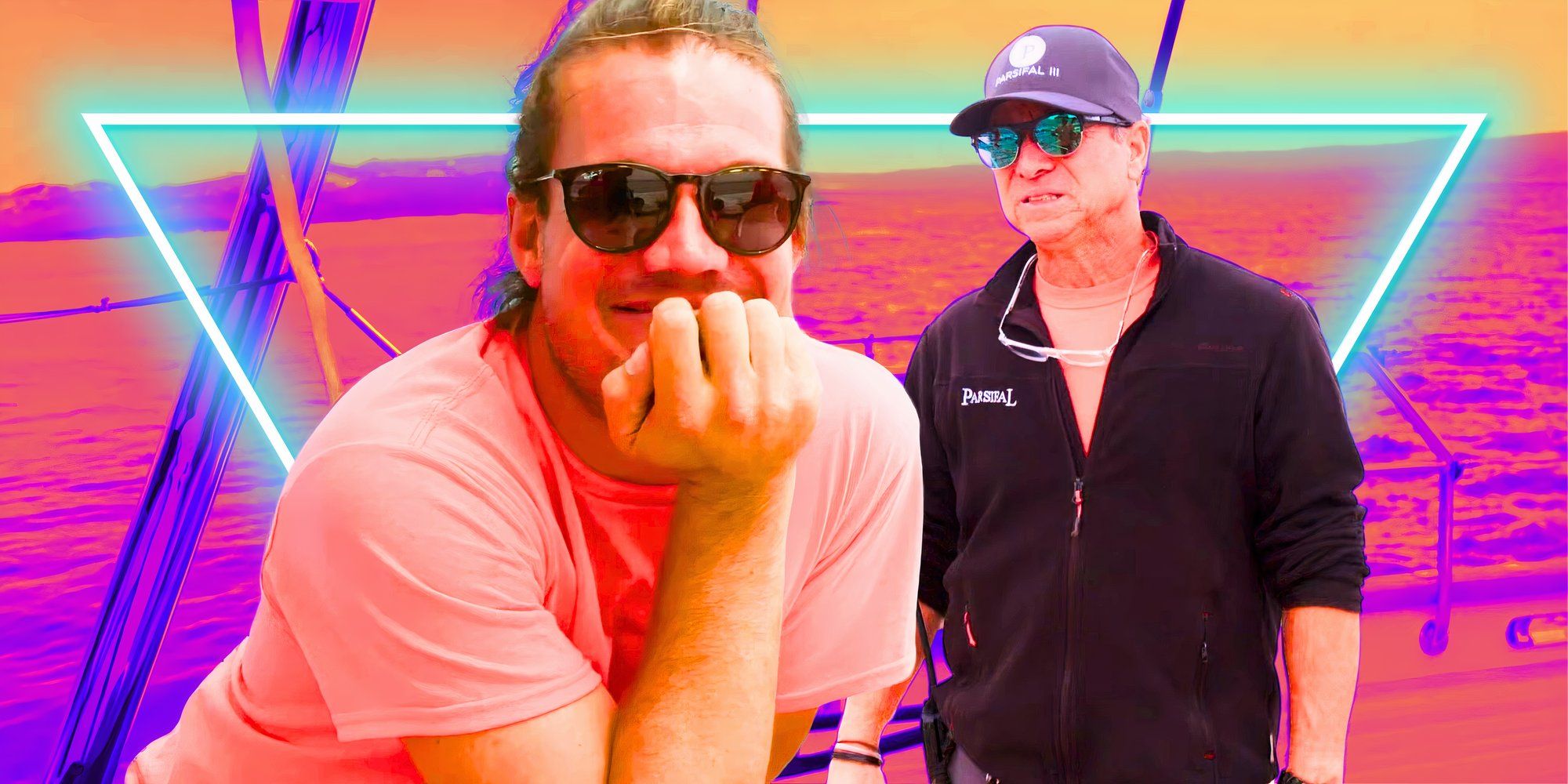 a montage of Gary King with captain glenn with a bright pink background and blue neon triangle