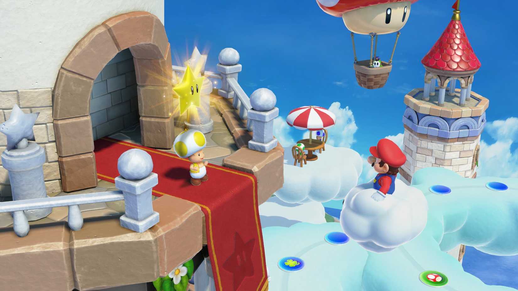 Mario floats before a Toad to claim a star in a cloud in Super Mario Party Jamboree.