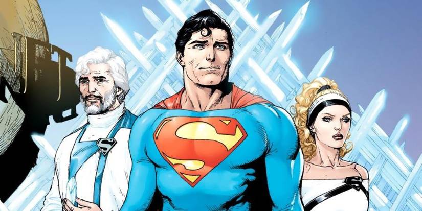 Comic book art: Superman stands between Jor-El and Lara in front of the Fortress of Solitude.