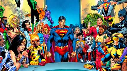 Superman at the head of a conference table with members of the Justice League crowded into the room.