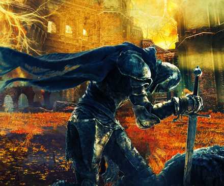 The Tarnished from Elden Ring kneeling with their head resting on their sword, with Scadu Altus looming in the background.