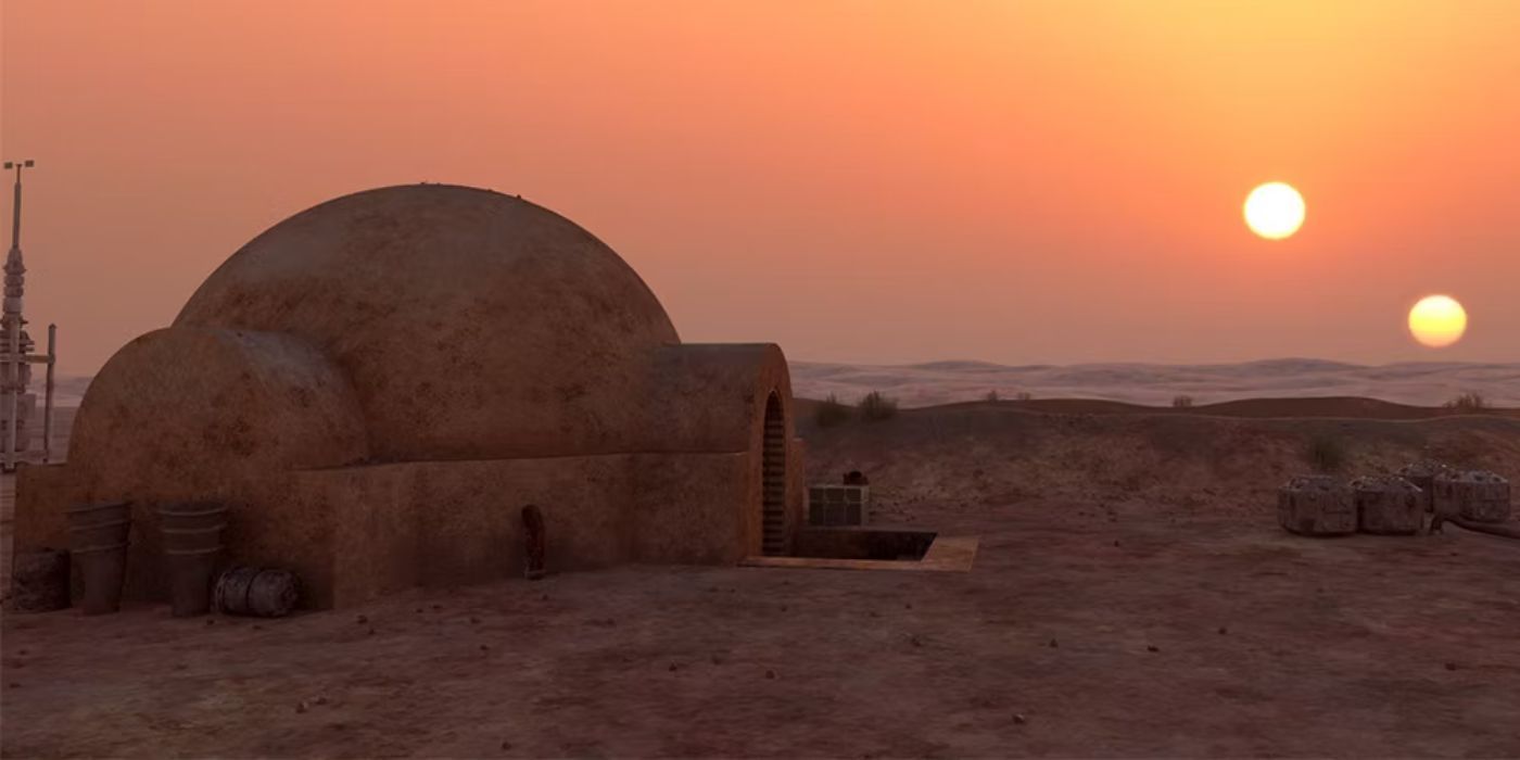 A sunset on Tatooine showing the twin suns