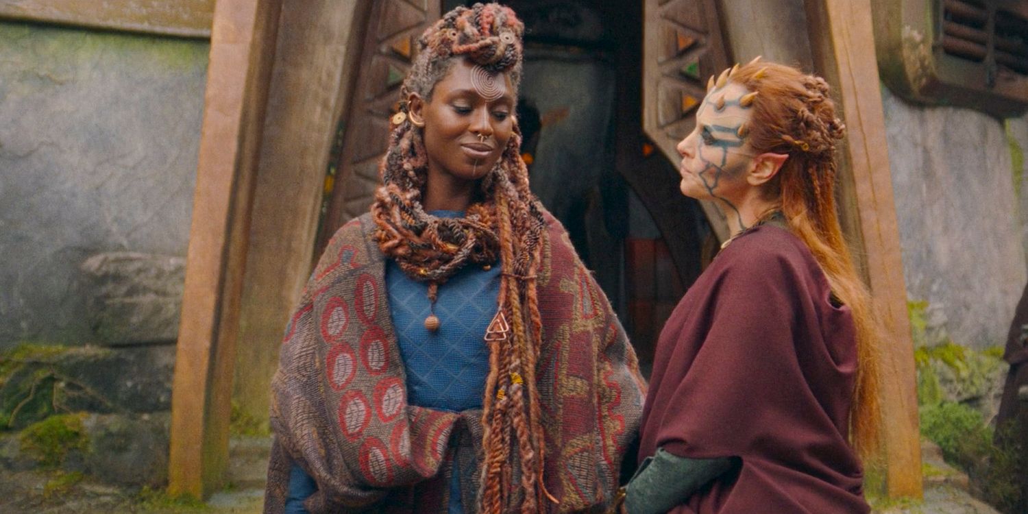 Mother Aniseya (Jodie Turner-Smith) and Mother Koril (Margarita Levieva) smiling to each other in The Acolyte season 1 episode 3