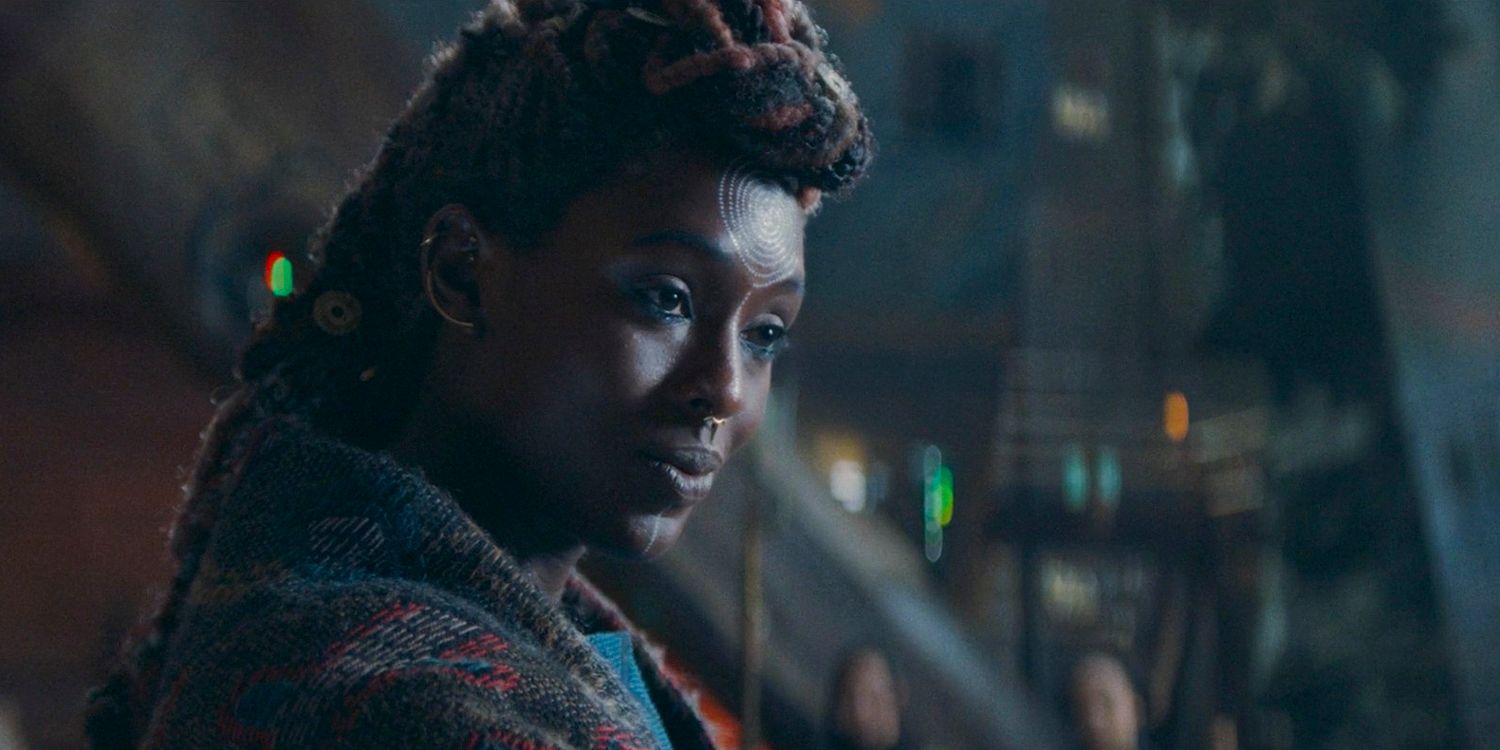 Mother Aniseya (Jodie Turner-Smith) contemplating with a calm expression on her face in The Acolyte season 1 episode 3