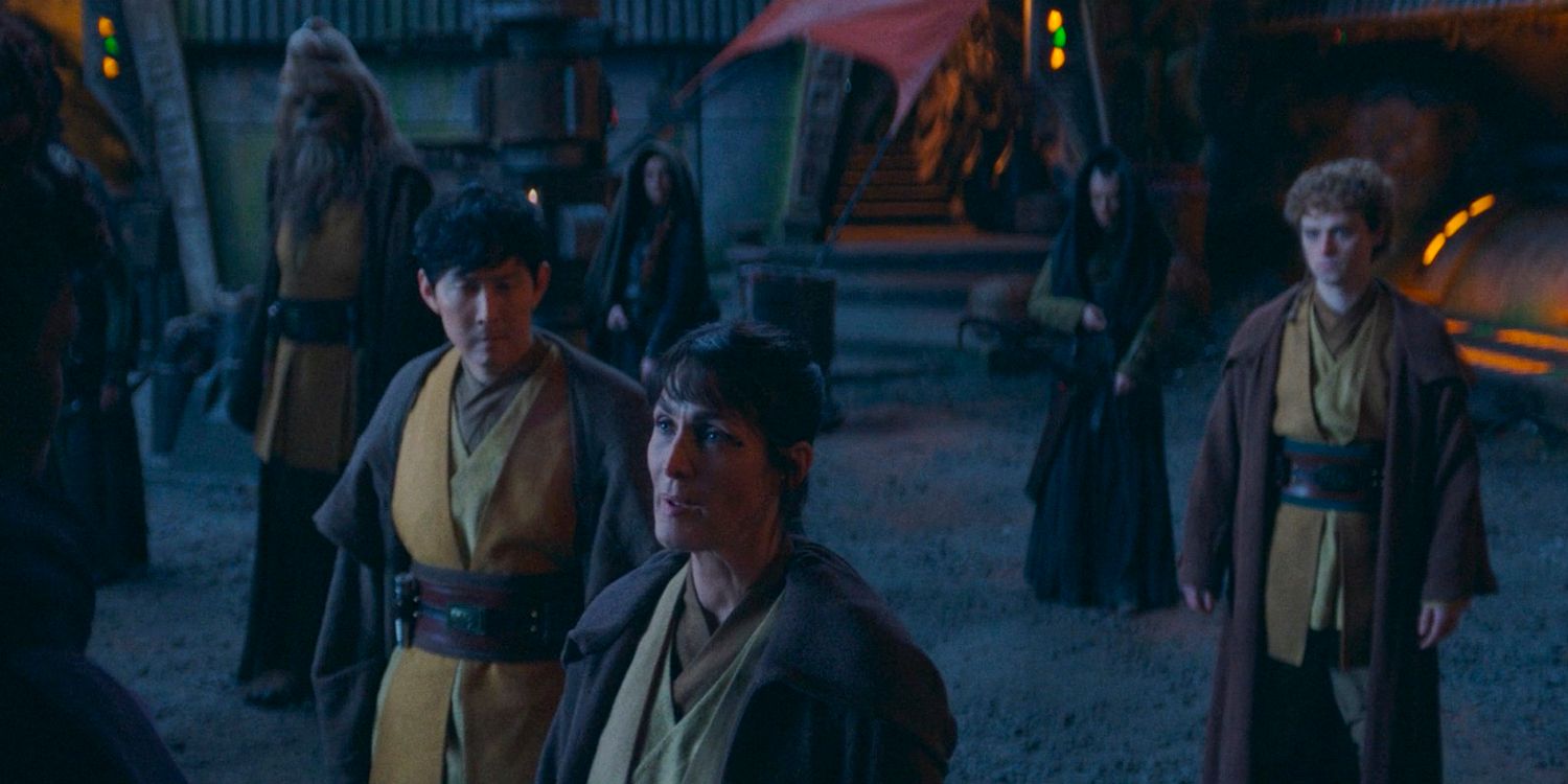 The Jedi standing and speaking to the witches of Brendok in The Acolyte season 1 episode 3