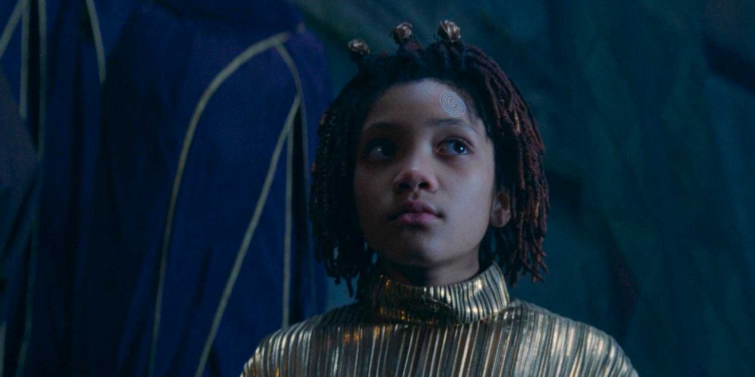 Little Mae (Leah Brady) in the outfit for the Ascension Ceremony in The Acolyte season 1 episode 3