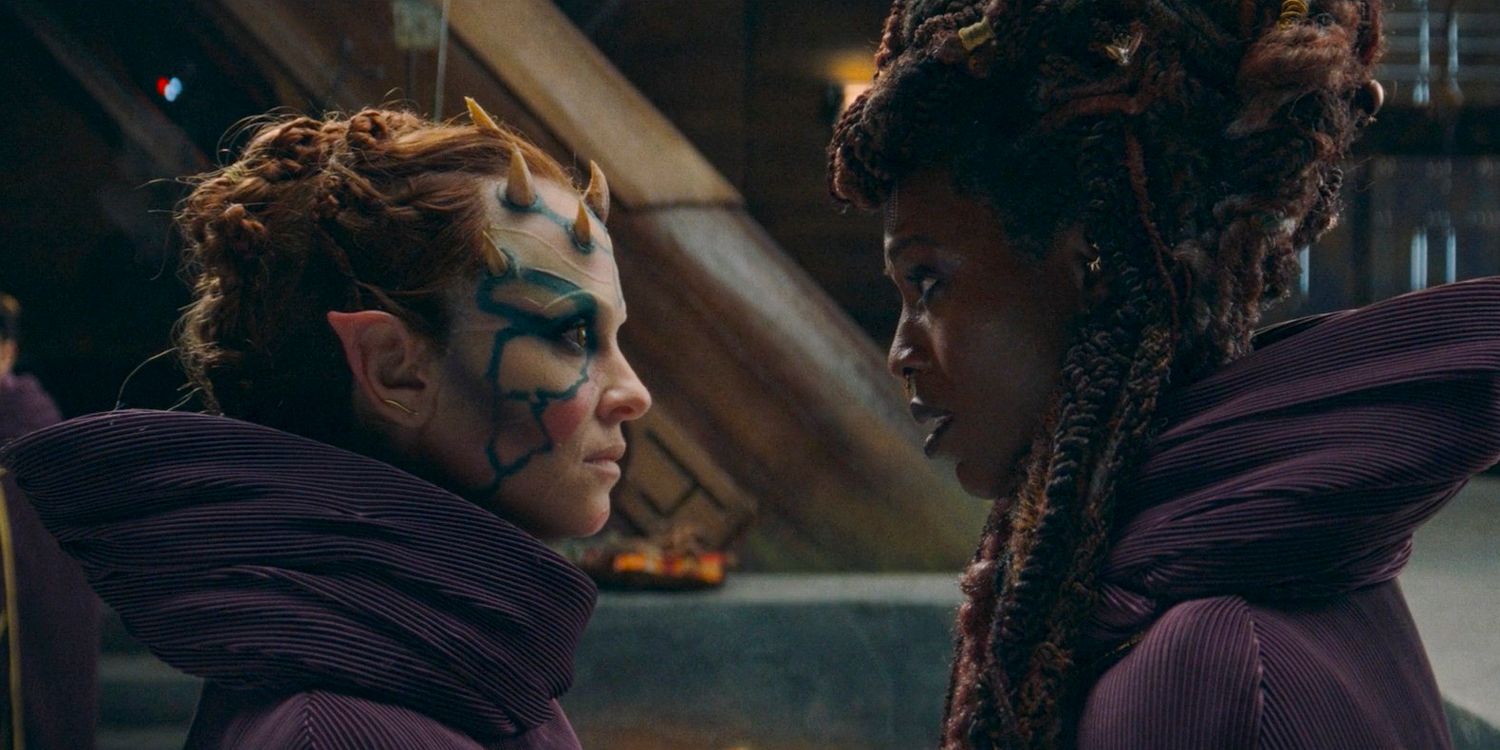 Mother Koril (Margarita Levieva) furious facing Mother Aniseya (Jodie Turner-Smith) in The Acolyte season 1 episode 3