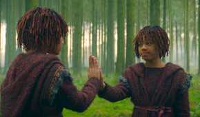 Little Mae (Leah Brady) and Little Osha (Lauren Brady) touching hands on Brendok in The Acolyte season 1 episode 3