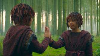 Little Mae (Leah Brady) and Little Osha (Lauren Brady) touching hands on Brendok in The Acolyte season 1 episode 3