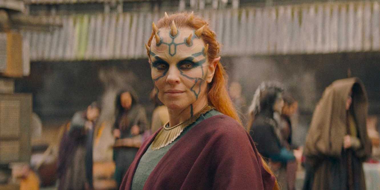 Mother Koril (Margarita Levieva) looking to one side in The Acolyte season 1 episode 3