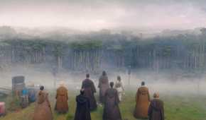 Master Sol and all the Jedi on the mission looking towards the dense and misty forest in Khofar in The Acolyte season 1 episode 4