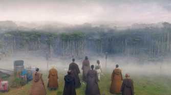 Master Sol and all the Jedi on the mission looking towards the dense and misty forest in Khofar in The Acolyte season 1 episode 4